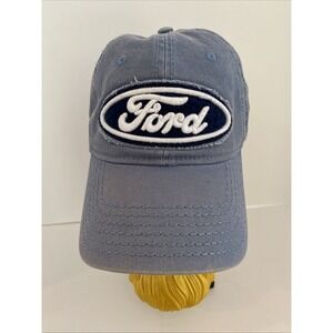 Ford Motor Company Hat/Cap Blue/Gray Adj Leather Strapback‎ Distressed Patch